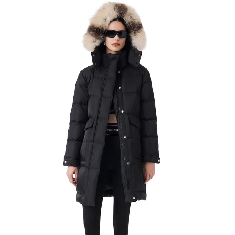 

Jinyujie Women s Light Luxury Fox Fur Collar Mid-Length Down Jacket L