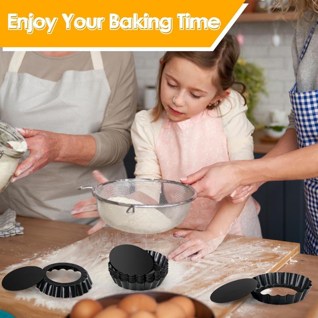 4-inch mini tart molds nonstick carbon steel removable-bottom daisy-edged round baking pan black 8PCS