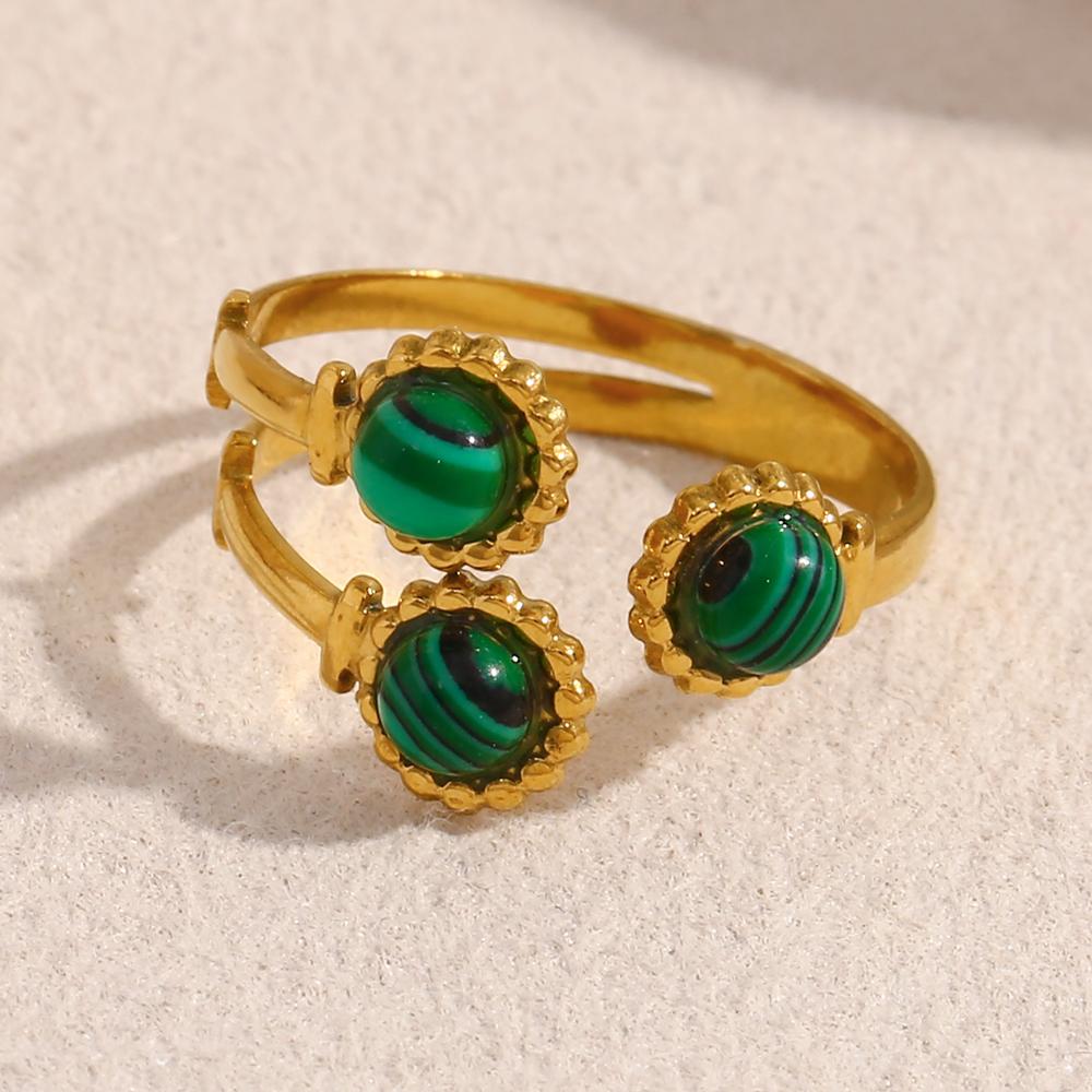 MamacitaSlay Unique 18K Gold Plated Stainless Steel Natural Stone Opening Ring Waterproof Jewelry Women's Retro Elegant Jewelry