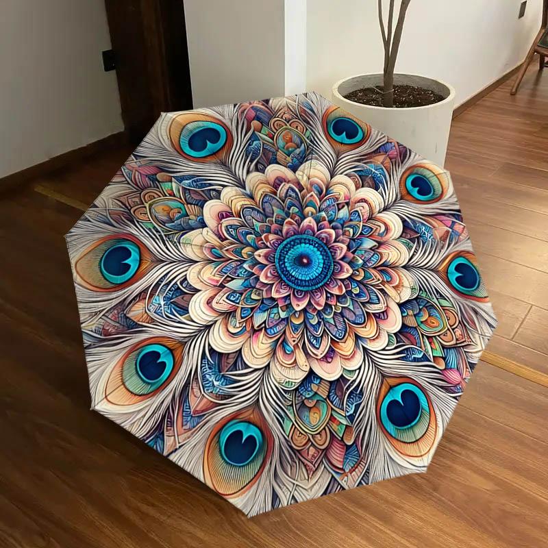 

Peacock Feather Mandala Automatic Opening Rain Umbrella - Portable Folding Design, 8-Bone Iron Frame Outdoor Umbrella, Festival Gift for Fan