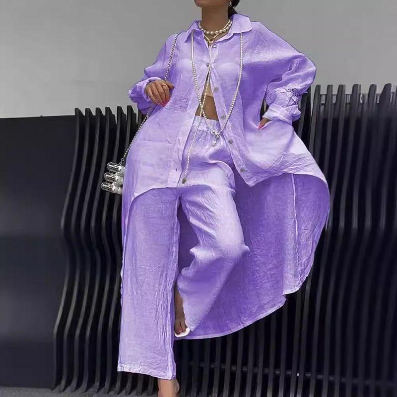 Casual Foreign Trade Irregular Hem Long sleeve Top Pants set Women Irtop Regular Pants Set