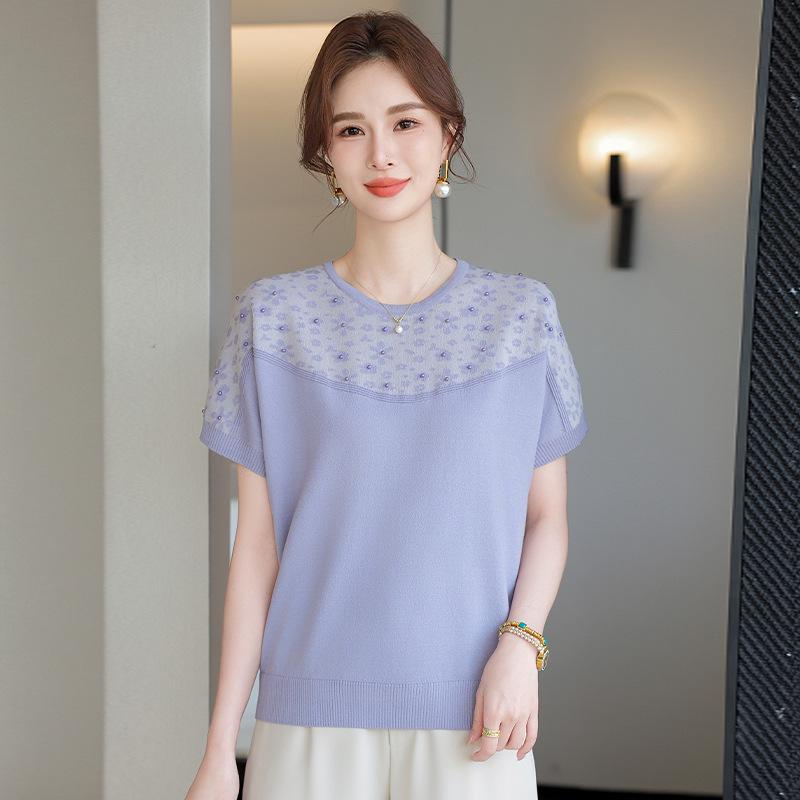 

2026 High-End Ice Silk Summer T-shirt for Moms, Short Sleeve, Thin & Fashionable for Middle-Aged and Elderly Women 3XL (recommended for 120-135 lbs)