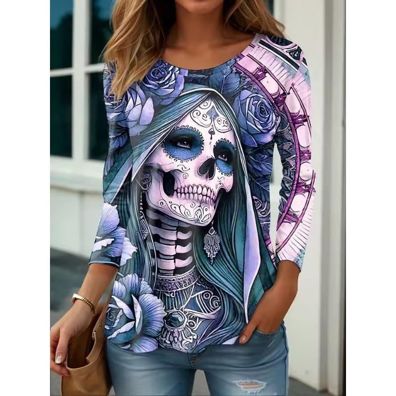 Autumn Halloween Women's Long Sleeve T-Shirt Fun Skull Pumpkin 3D Printed Round Neck Polyester Everyday Casual Shirt