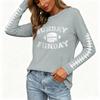 Women's Fashion Long Sleeve Neck Top with Rugby Graphic Print and Side Split Hem