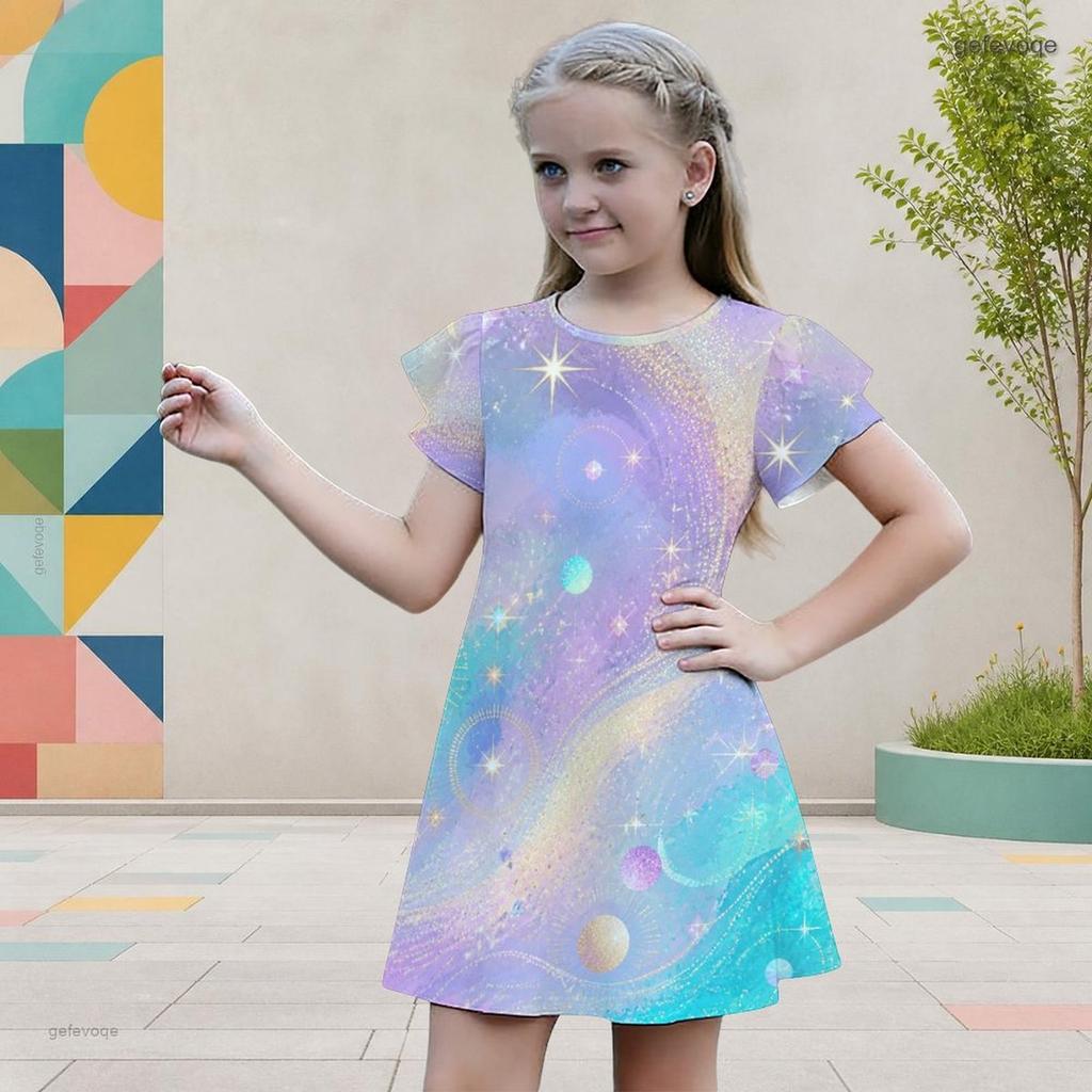 Girls Round Neck Flutter Short Sleeve A Line Flared Hem Printed Dress Black Green Gold