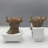 Highland Cow Bathroom Figurine Funny Scottish Cattle Sitting on Toilet Statue Resin Calf Bathing Sculpture for Home Tiered Tray Table Fireplace Decor