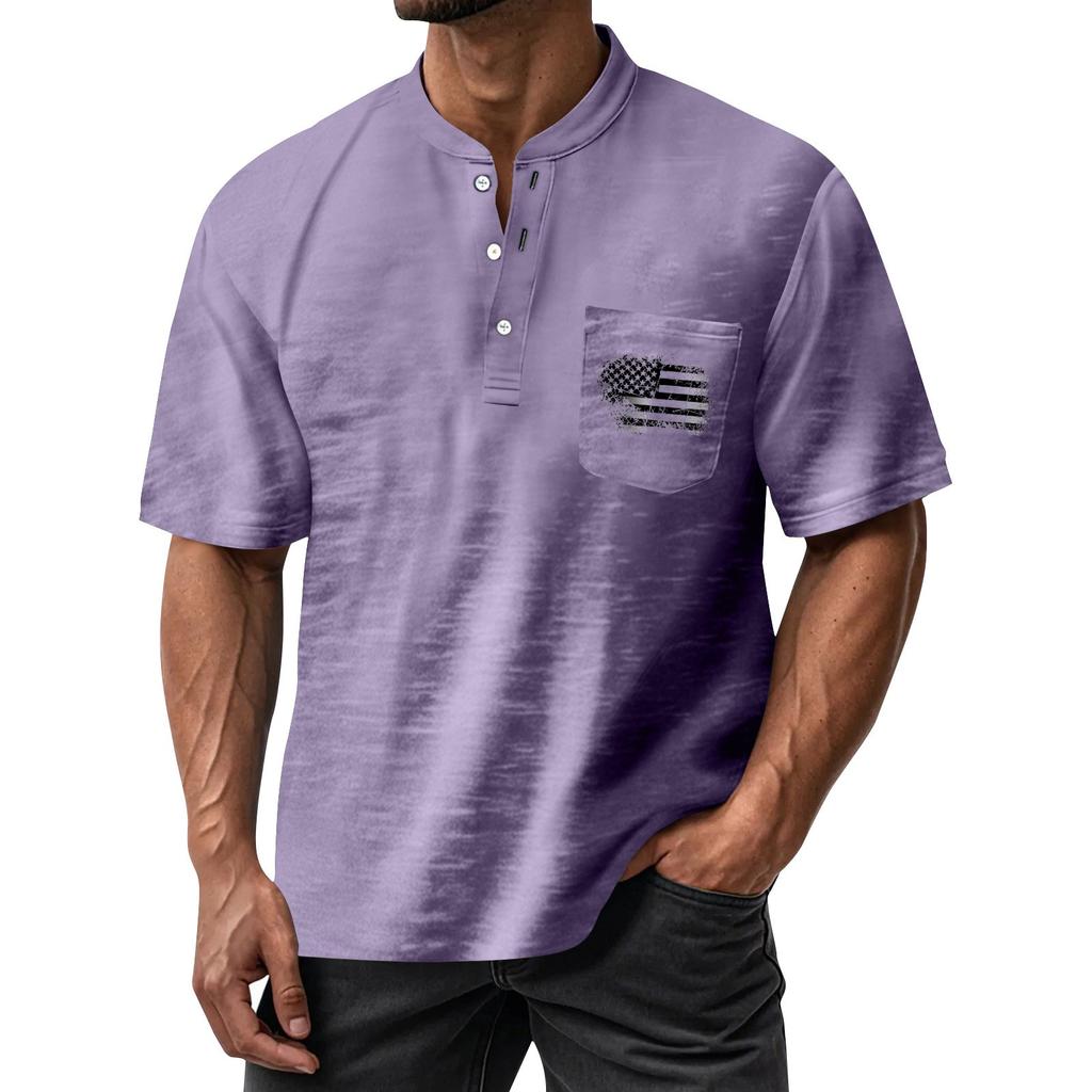 Men's Summer Independence Day Pattern Round Neck Short Sleeve T-Shirt Neck Men's All- Casual Button Shirt