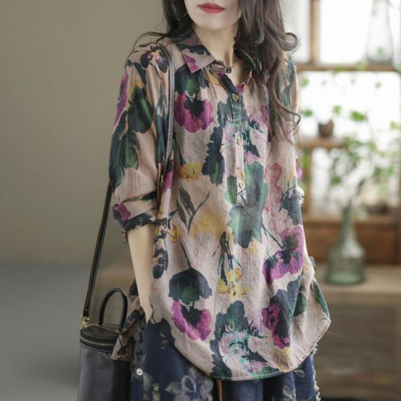 

Women s Vintage Floral Print Cotton Linen Shirt Lapel Long Sleeve Loose Blouse Spring Autumn Casual Tunic Tops Blusas Para Mujer XXL дубильна кора