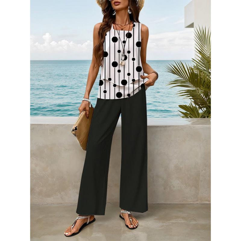 Women's Loose Fit Two Piece Outfit Sleeveless Tank Top High Waist Wide Leg Pants Set With 3D Abstract Print For Casual Summer Daily Wear