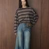 Johnature Autumn Winter Korean-style Simple Lazy Color-block Stripe Round Neck T-shirt Loose Comfortable Top For Women
