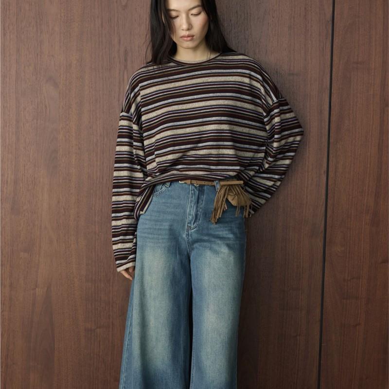 Johnature Autumn Winter Korean-style Simple Lazy Color-block Stripe Round Neck T-shirt Loose Comfortable Top For Women
