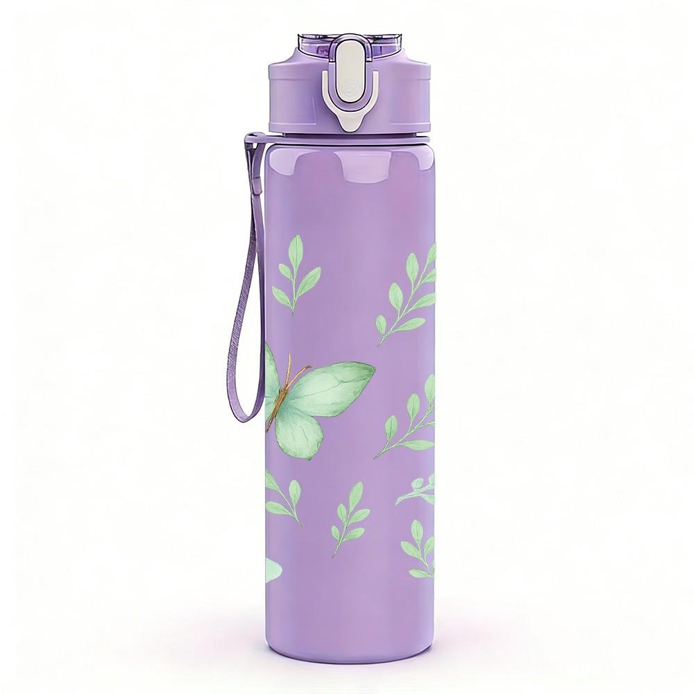 1PC Soft Pink Green Butterfly Floral Print 750ml Color Plastic Sports Water Bottle Leakproof Flip Straw Lid Suitable for Sports Office Home Use