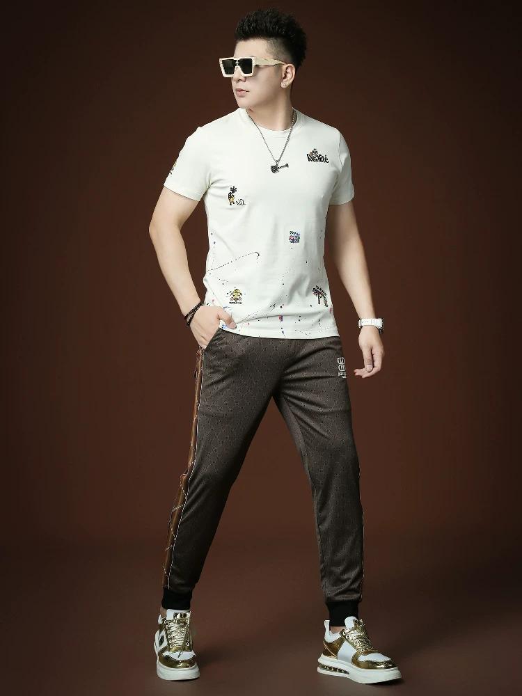 European Trendy Brand Splash-Ink Embroidered T-Shirt for Men, Short-Sleeve, Summer 2025 New Style, Light Luxury Men's Round-Neck Half-Sleeve Tee