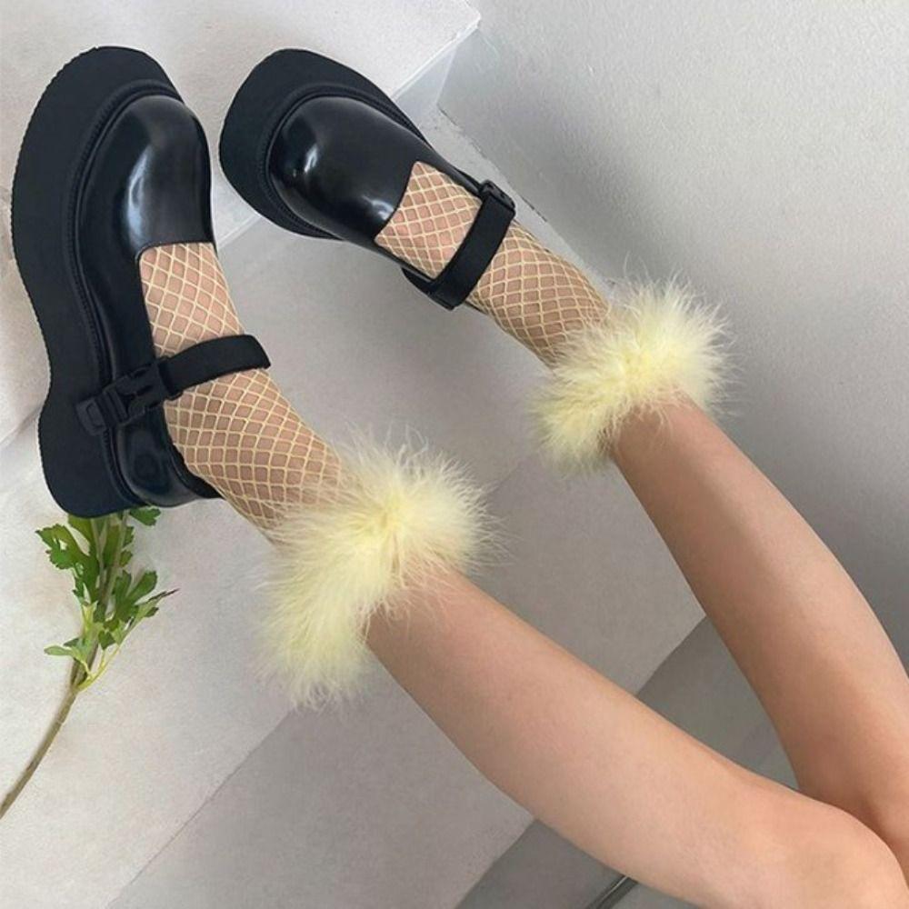 Grid Hollow Out Socks Bright Color Socks Women Y2K Feather Fishnet Stockings Music Festival