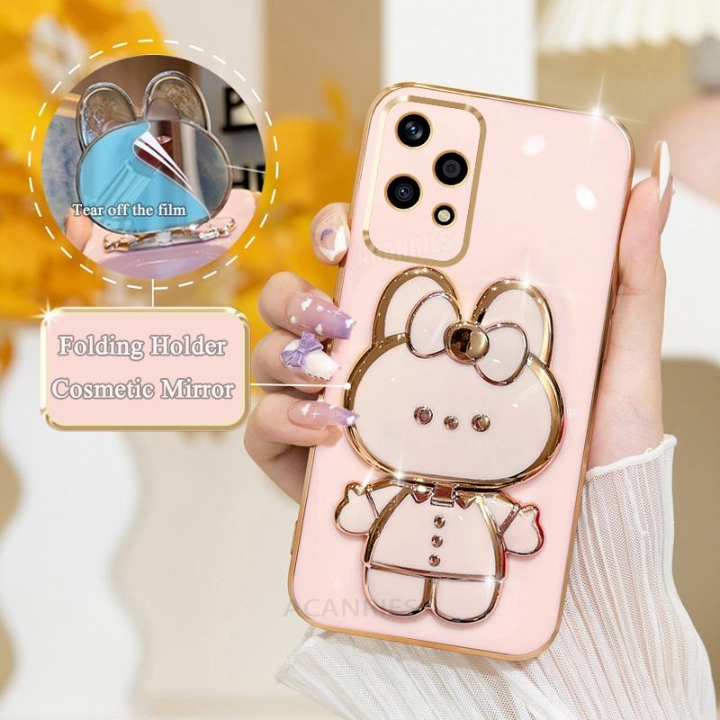 Luxury Plating Mirror Holder Case On For Huawei Honor 200 Honor200 Lite 200lite 50 70 90 Pro X8 X8a X6 X8b Silicone Stand Cover