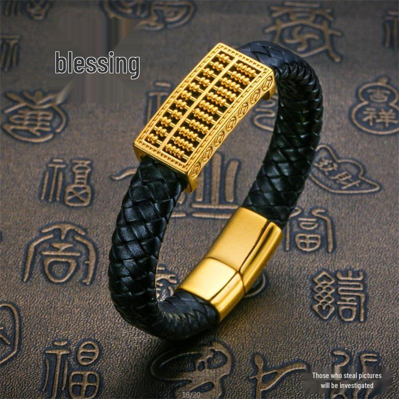 Vietnam Sandgold Persönlichkeit Ruyi Abakus Lederarmband für Männer - Dominanter Ethnischer Stil, Vergoldet.