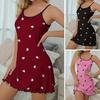 Women Summer Nightgown Heart Printing Shirring Edge Sleeveless Backless Spaghetti Strap A-line Mini Sleepwear Dress Thin Above The Knee Nightdress