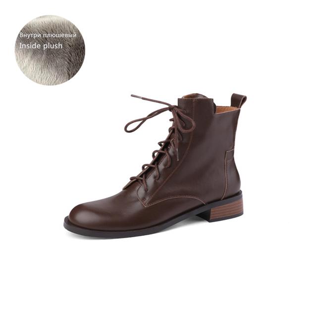 Stivali da donna autunno/inverno con punta tonda e tacco spesso, scarpe da donna, stivali in vera pelle, stivali corti con cerniera, stivali da motociclista, marroni