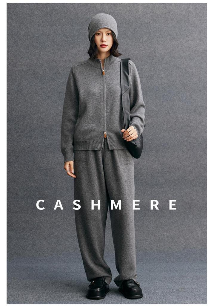 2025 Autumn/Winter Women's Cashmere Half-High Collar Cardigan with Double Zipper Pockets
