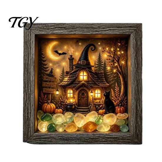 DIY Memory Box Display Lighted Halloween Ghost Shadow Kit, Wooden Frame LED Warm Light, Gothic Decorative Lamp with Crystal Glass Panel, Night