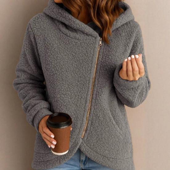 Women's Fleece Jacket Oblique Zip Up Long Sleeve Sherpa Coat Fuzzy Hooded Jacket