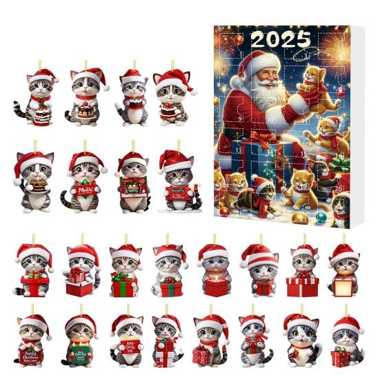 Kočičí adventní kalendáře 2025 2D akrylové roztomilé kočičí ozdoby 24 dní odpočítávací kalendář do Vánoc sváteční závěsná dekorace na stromeček pro milovníky koček