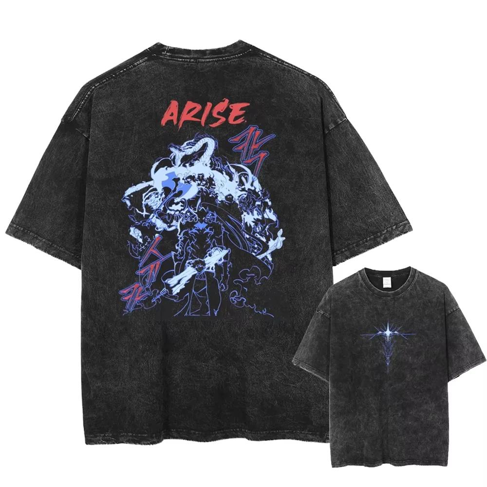 Anime Solo Leveling Sung Jin Woo Printed Washed T-shirt Men Casual Cotton TShirts Manga Vintage T Shirt  Tops