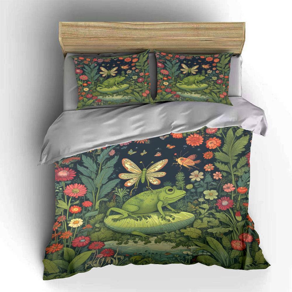 Frog And Butterfly In Enchanted Garden Printed Duvet Cover Set1 Duvet Cover+2 Pillowcasemulti Size Bedroom Bedding Decor