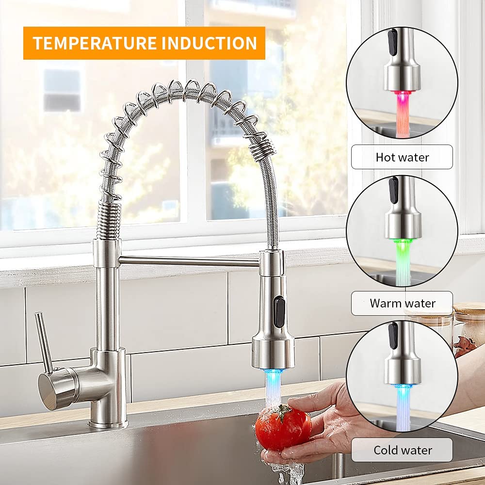 LED Light Kitchen Faucet with Pull Down Sprayer Sus304 Stainless Steel Industrial Single Handle Faucet  9005