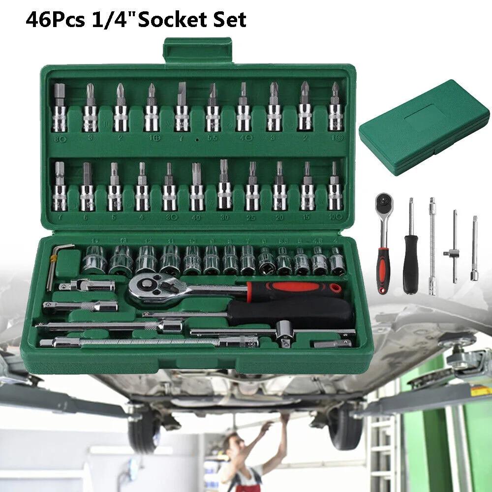 46pcs 1/4 Inch Drive Metric Socket Ratchet Wrench Set Hand Operated Mechanic Tools Kit Storage Case for Automotive Repair