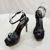 Fashion Liyke Black Patent Leather Platform Sandals Women Sexy Thick Bottom Square Toe Super High Heels Wedding Banquet Shoes Size 35-40