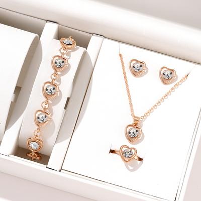 5 Piece Set Women Crystal Love Zircon Fashionable Elegant High End Peach Heart Necklace Earrings Rings Bracelets Necklace Set