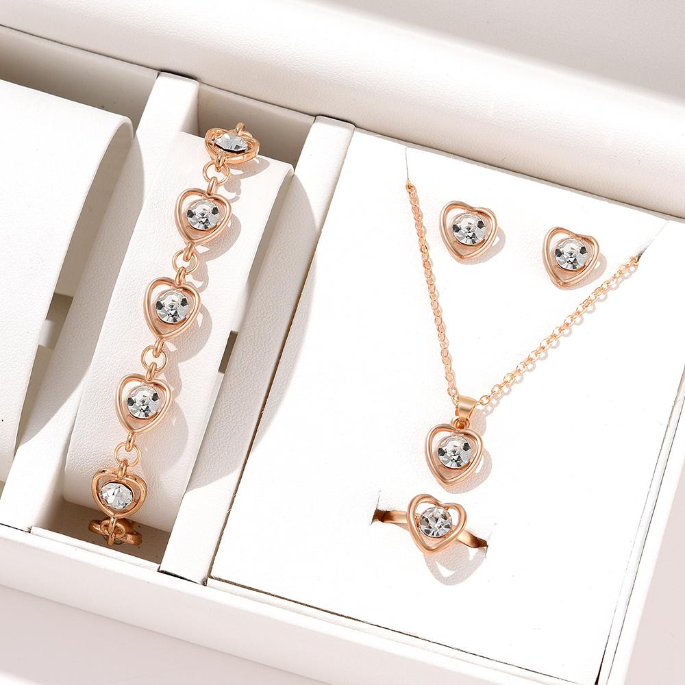 5 Piece Set Women Crystal Love Zircon Fashionable Elegant High End Peach Heart Necklace Earrings Rings Bracelets Necklace Set