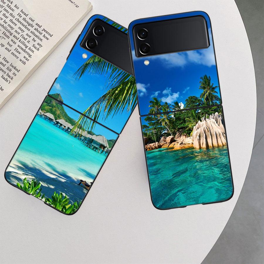 Sea Tropical Palm Trees Beach Case for Samsung Galaxy Z Flip 6 Flip 5 4 3 5G Black Cell Phone Cover Samsung Z Flip 5 5G Luxur