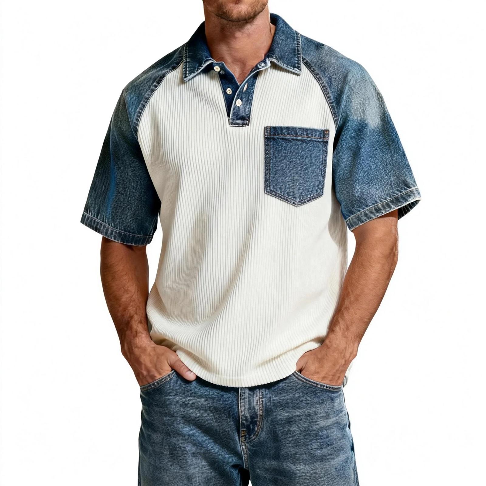 

Мужская джинсовая рубашка в стиле пэчворк. Повседневная удобная футболка с коротким рукавом. Модно для весны и лета. L синий