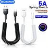 USB Type C 66W 5A Fast Charging Cable Car Spring Telescopic USB To Type C Cable For iPhone Samsung Huawei Xiaomi Redmi OnePlus