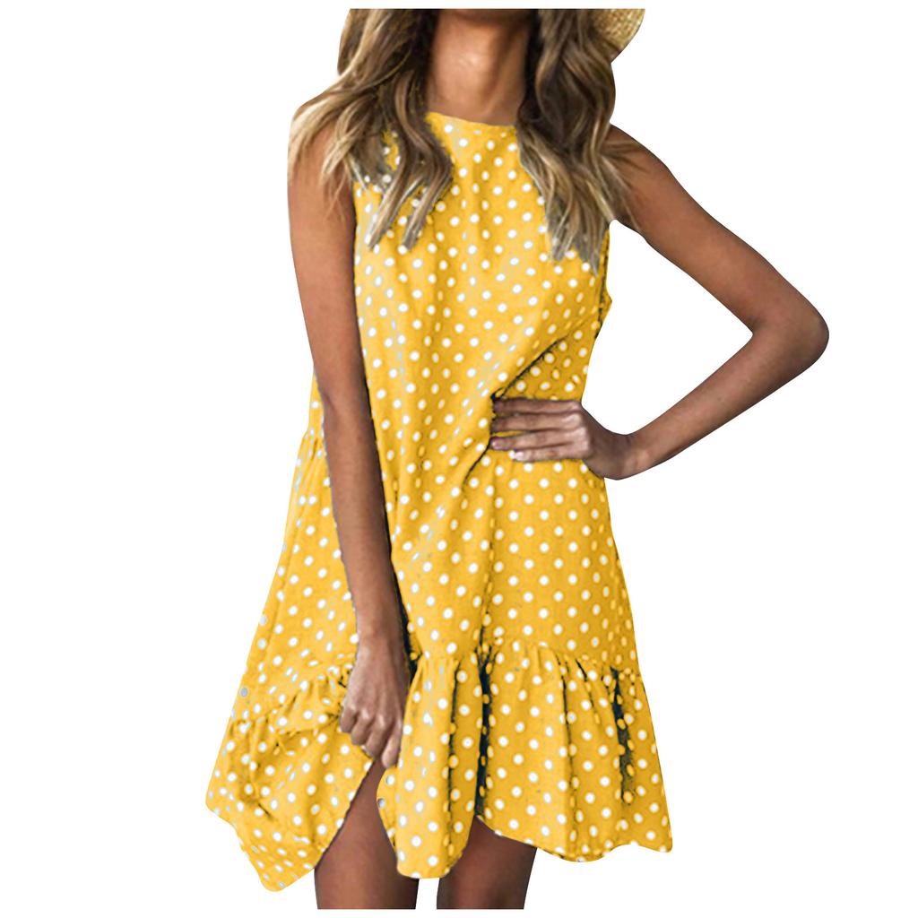Fashion Women Sleeveless Polka Dot Loose Casual Ruffle Dress