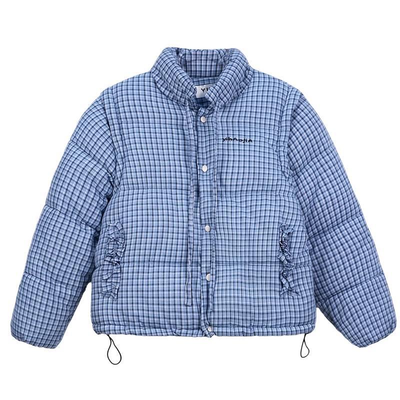 Sleeves removable blue stand-up collar plaid warm short cotton-padded jacket for women's winter design