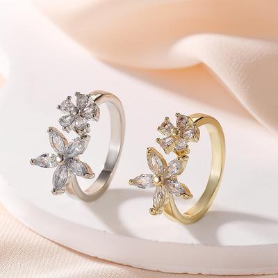 Gold Silber Zirkonia Doppelblumen Öffnungsringe Für Damen Kupfer Eingelegt Diamant Öffnungsbarer Fingeraccessoire