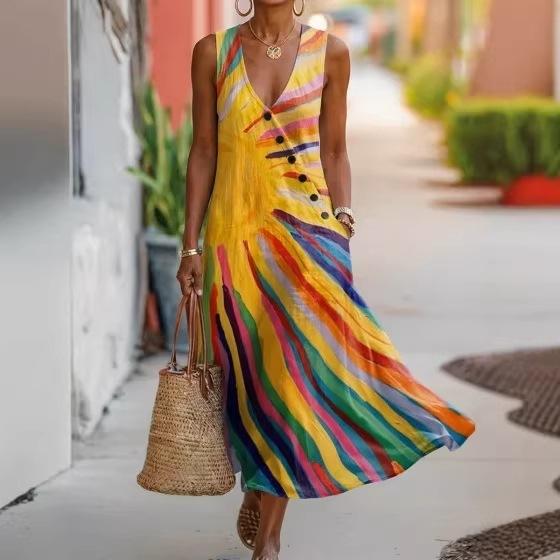 Summer V-neck Sleeveless Diagonal Button-up Vest Skirt Long Women's Vacation Casual Dress
