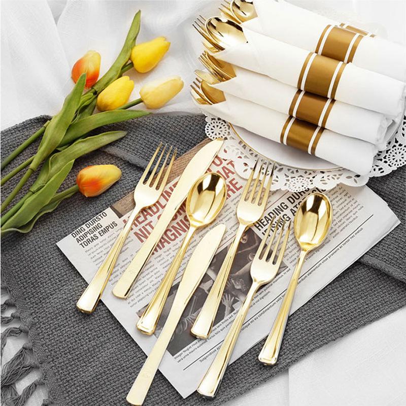 Gold Disposable Cutlery Set: Plastic Knife, Fork, Spoon, and Napkin – Ideal for Wedding Parties and Catering 