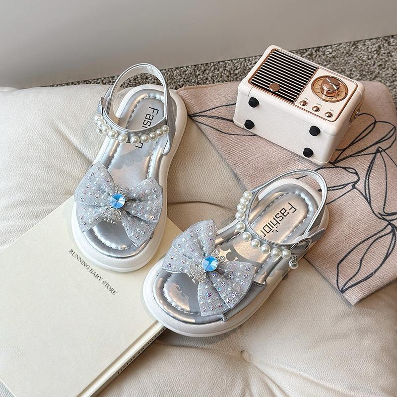 

Girl s Sandals Bunny Crystal Beading Elegant Patent Leather Children Sliders Open Toe Flats Shiny 23-36 Kids Summer Shoes I04104 23 серебряный