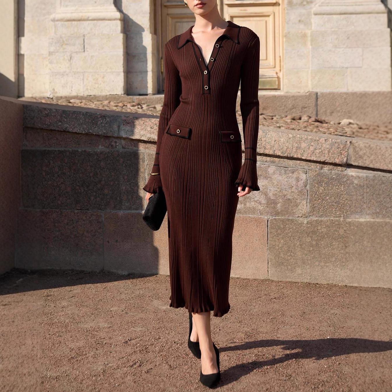 

2025 Autumn European & American Women s Knitted Wool Dress with Button Shirt Collar XS темно-коричневого кольору