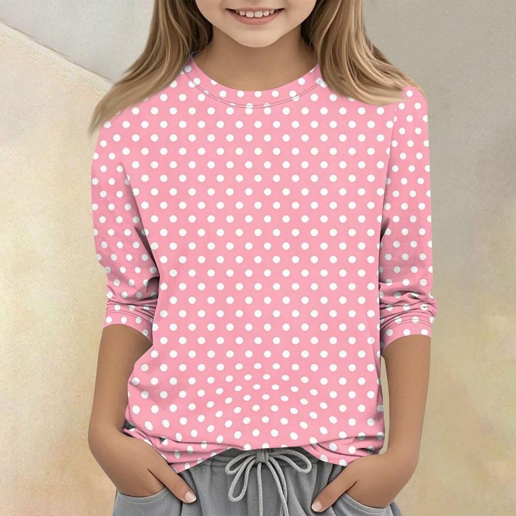 Kids Polka Dot Print Crew Neck Three Quarter Sleeve Casual T Shirt Lightweight Soft Fabric Comfortable Fit for Everyday Wear