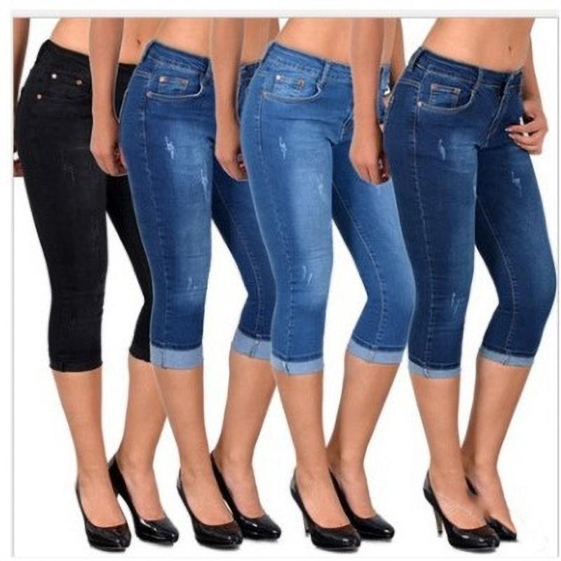 

Summer Stretch High Waist Simple Pocket Slim Flanging Denim Cropped Pants Women XS чорний