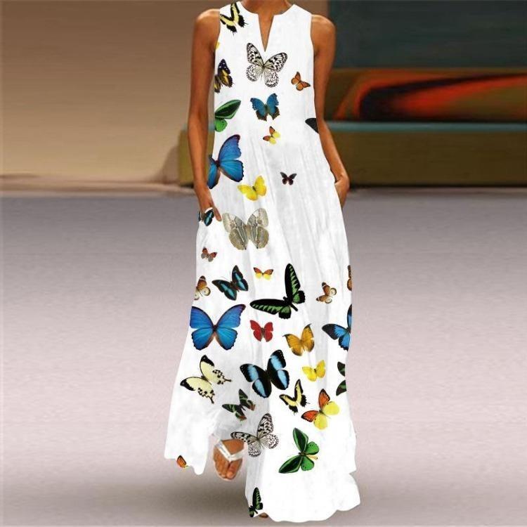 Summer Sleeveless V Neck Maxi Dress Women Digital Print Pocket European American Style Sizes S To 5XL