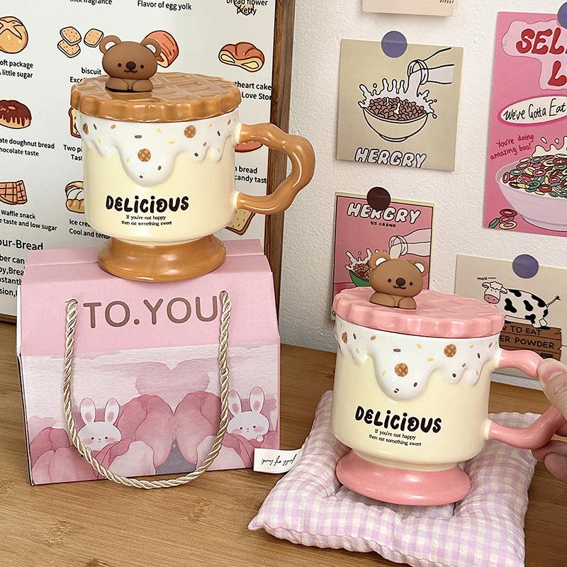 Baifenbai Home Furnishing Women's Bear Goblet Souvenir Birthday Gift Coffee Water Cup High-Value Ceramic Cup With Lid Spoon Mug