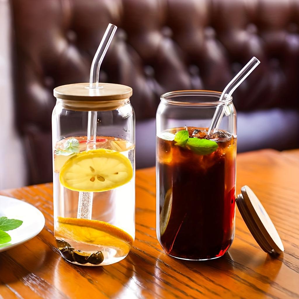 1PC - Bamboo Lid Glass Water Cup, Circular Straw Cup, Cola Cup, Transparent Cold Drink Mason Cup