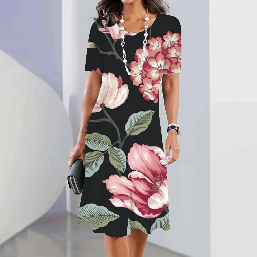 Summer Women's Short-sleeved Pullover Casual Loose Dress 3d Floral Print O-neck Fashion Women's Clothing