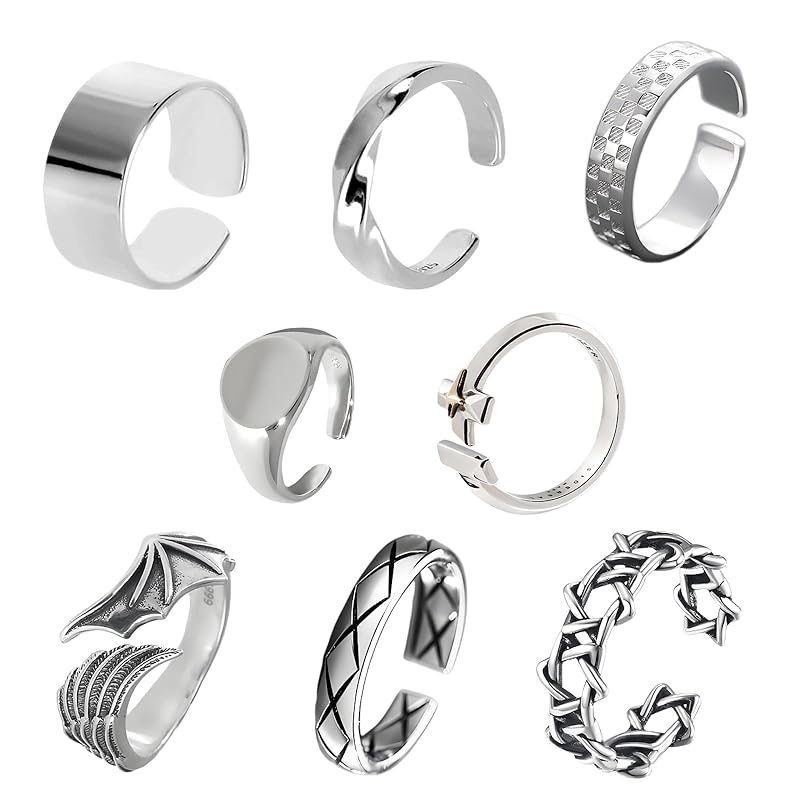 

[Tiszink] 8 points ring men s ring fashion ring silver free size Menzu Fashionable Popularity accessories simple alloy set ren ring adjustable size